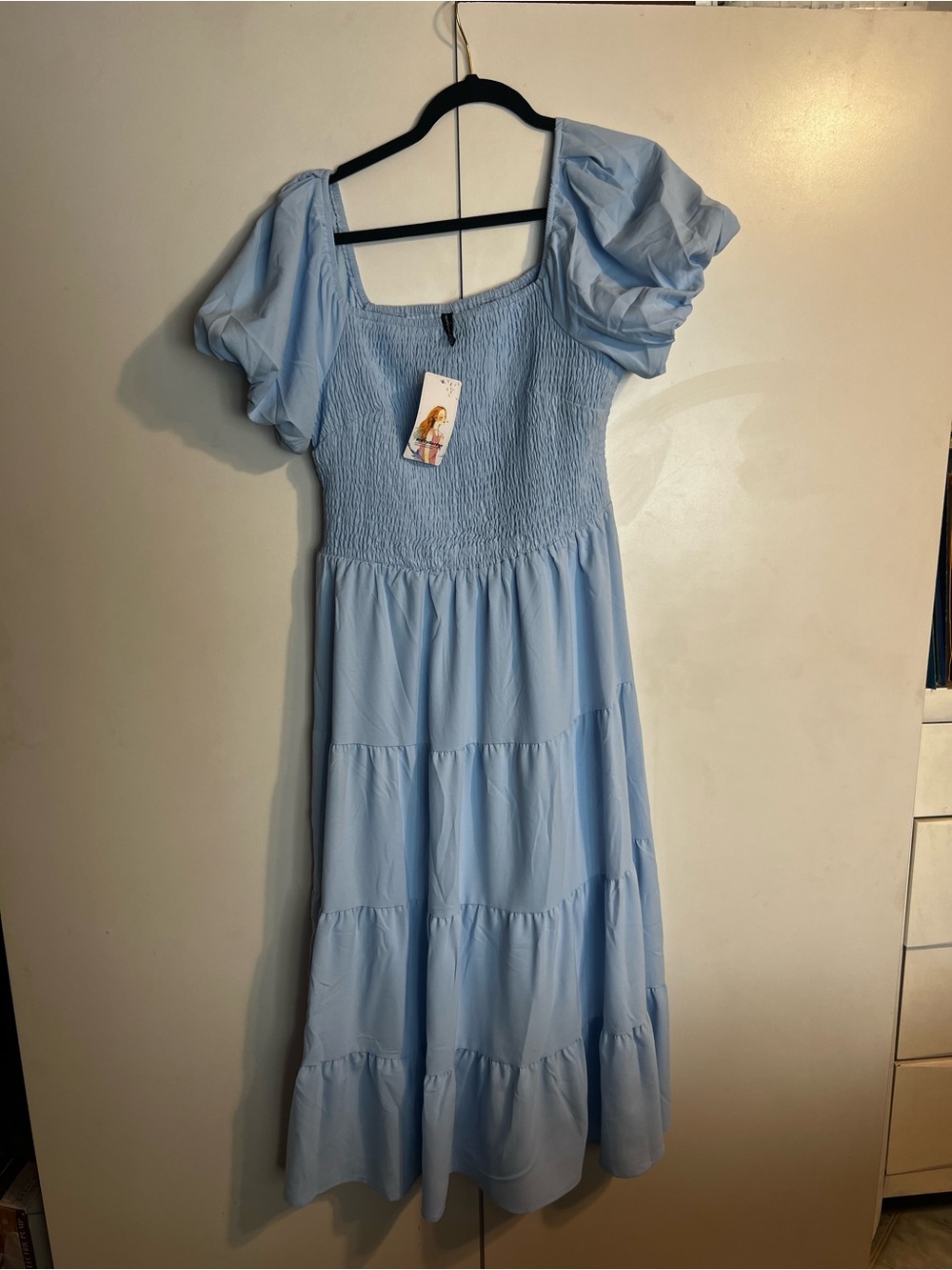 PRETTYGARDEN Blue Tiered Smocked Midi Dress Large Puff Sleeve Cottagecore - Picture 8 of 12